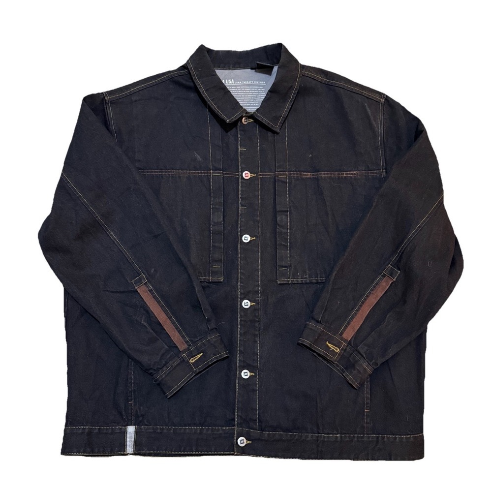 Vtg Mecca Mens Button‎ Up Pockets Trucker Denim Jean Jacket Black Sz XXXL